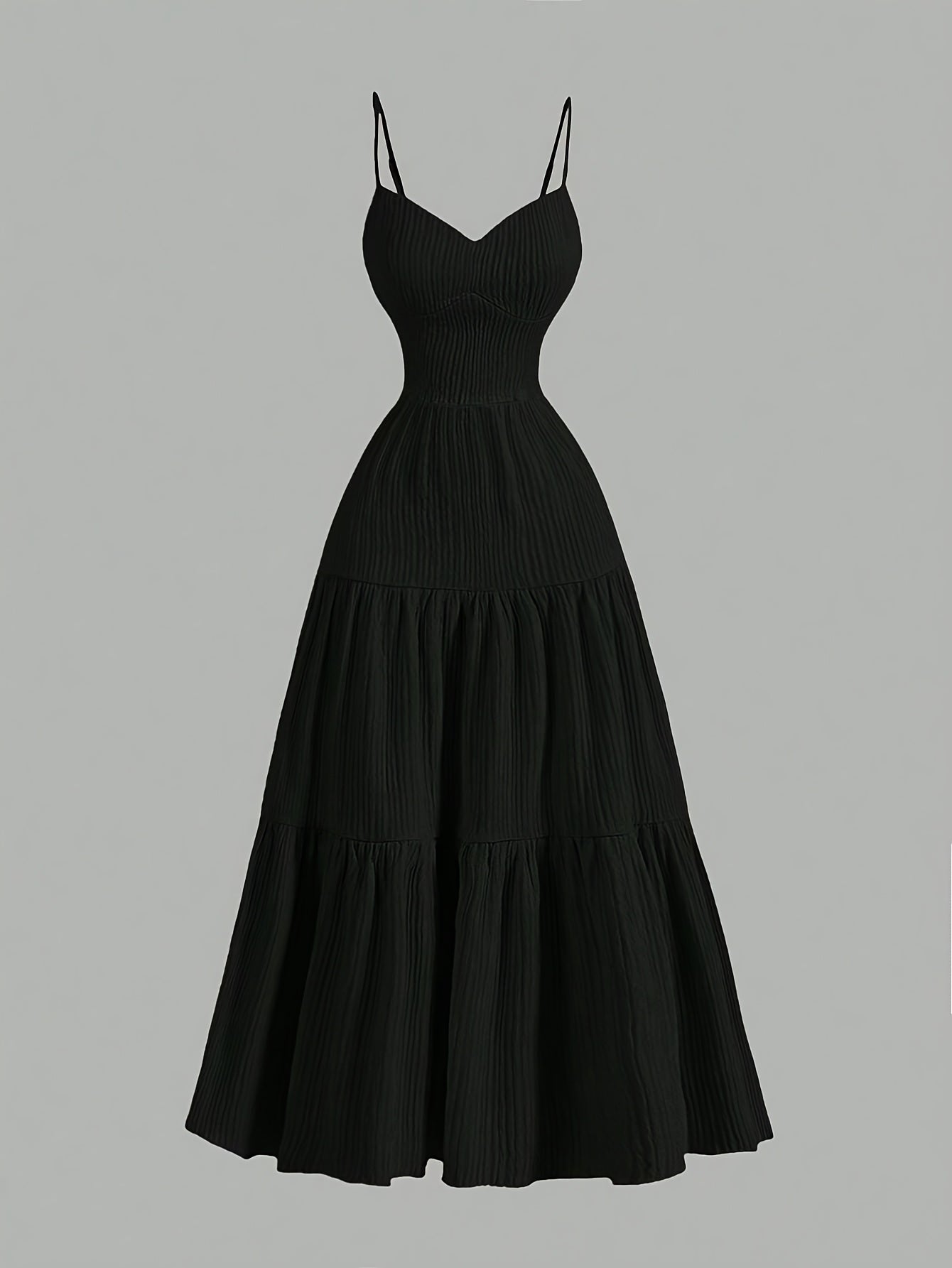 Elegant Apricot Sleeveless V-Neck Midi Dress with Ruffled Waist & Layered Tiered Skirt - Polyester, Machine Washable, All-Season Women’s Fashion